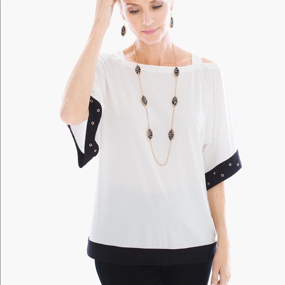 Chico's Tops - Travelers by Chicos White Black Cold Shoulder Top